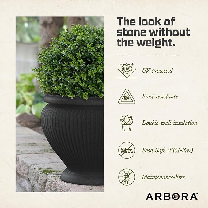 ARBORA 18" Cannes Urn Polyresin Indoor and Outdoor Planter with Classic Black Finish - Durable, Weatherproof, Lightweight, Large Plant Pot for Patio, Garden, Deck, Entryway