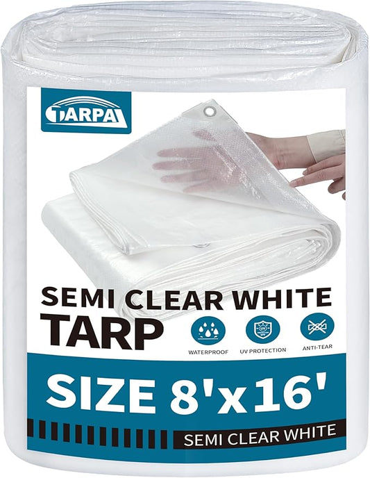 TARPAL 8'x16' Semi Clear White Tarp Waterproof Green House Cover with Grommets 7.5mil Clear Poly tarps for Gardening,Farm, Garden,Chicken Coops，Outdoor