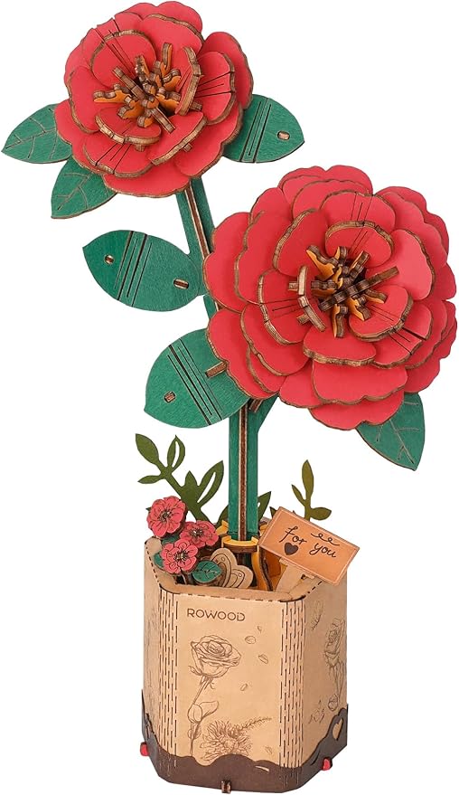rowood 3D Puzzle Artifical Flower,DIY Wooden Flower Craft Kit Building,Mother's Day/Valentine's Day/Teacher's Day/Thanksgiving Day/Christmas/Birthday Gift for Mom/Women/Grandma/Wife/Her-Red Camellia