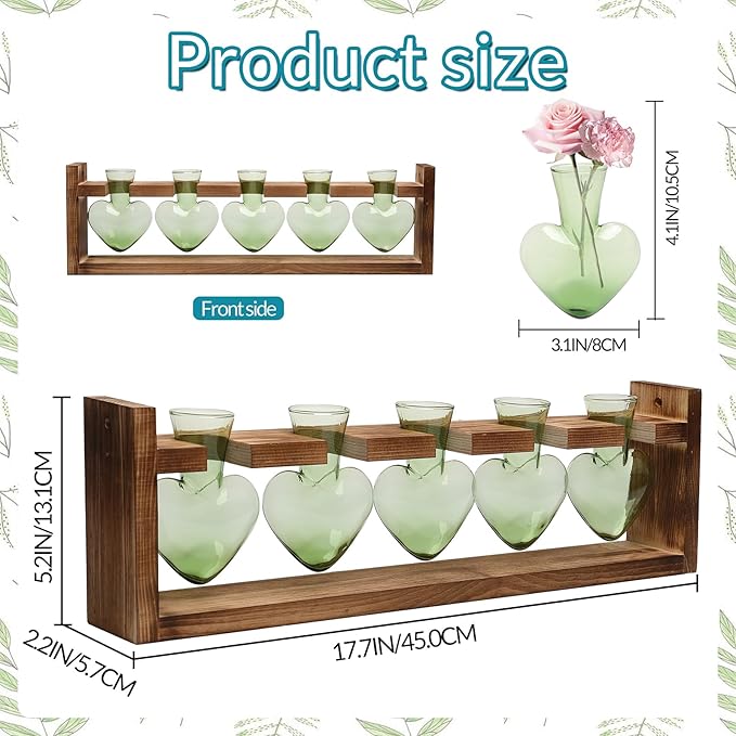 Plant Terrarium Hanging Propagation Stations Gift for Women Air Plants Holder with Wooden Stand Heart Glass
