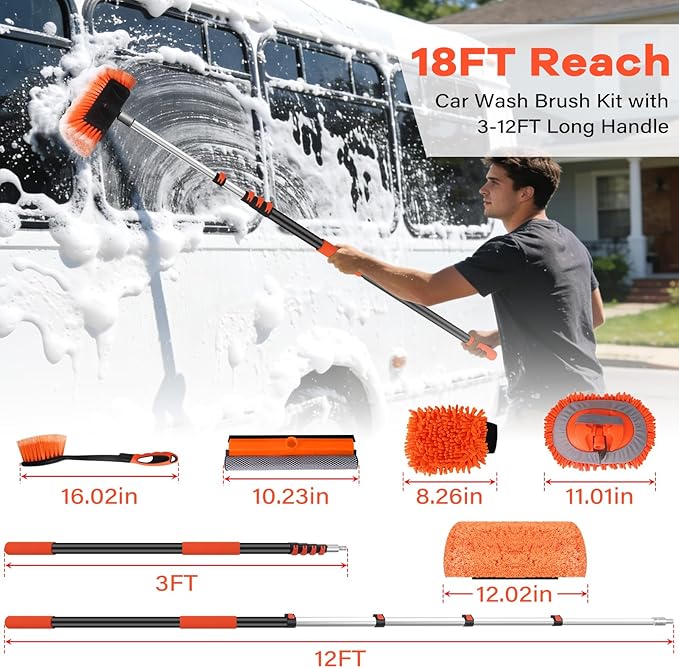 Car Wash Brush with Long Handle,144" Scratch-Free Soft Bristle Car Cleaning Kit with Extension Pole,Microfiber Clean Mop,Window Squeegee,Mitt,Wheel Brush for RV,Truck,SUV,Siding Washing