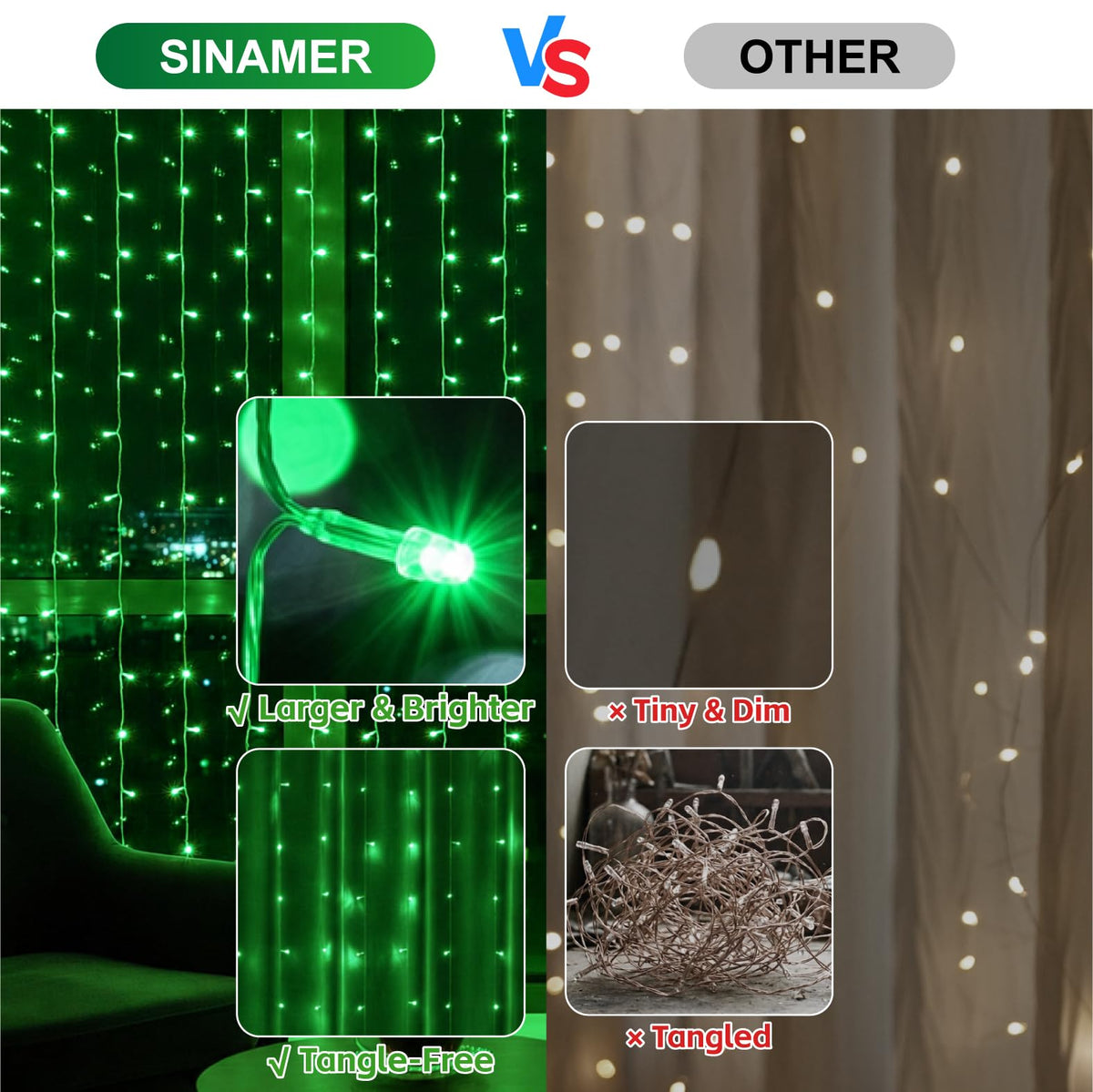 SINAMER Curtain String Light, 200LED 6.6x6.6ft, Remote & 8 Modes, USB