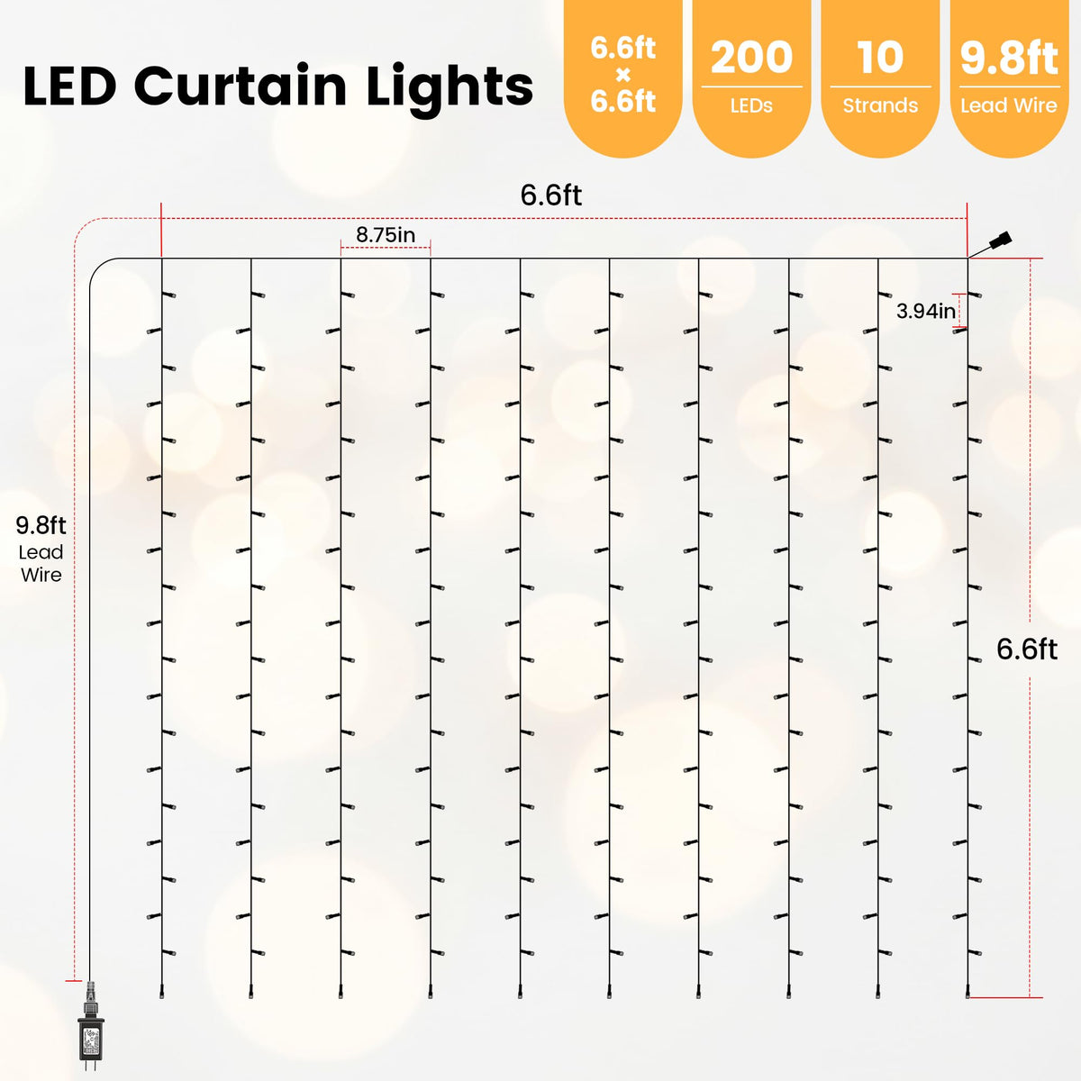 HEYFUNi 6.6FT x 6.6FT Warm White Curtain Lights Plug in, 200 LED