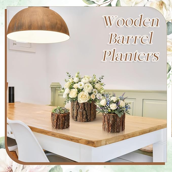 3 Pcs Wooden Vase for Centerpieces Woodland Table Decor Wooden Flower Vase Rustic Bark Stump Buckets Vintage Wood Planter Pots for Garden Party Wedding Window Home Farmhouse (L+m+s)