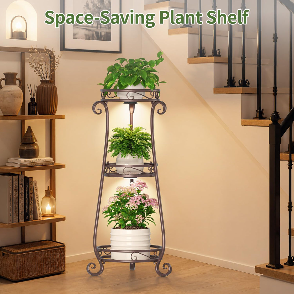 LASZOLA 3 Tiers Metal Corner Plant Stand Tall with Light for Indoor Outdoor