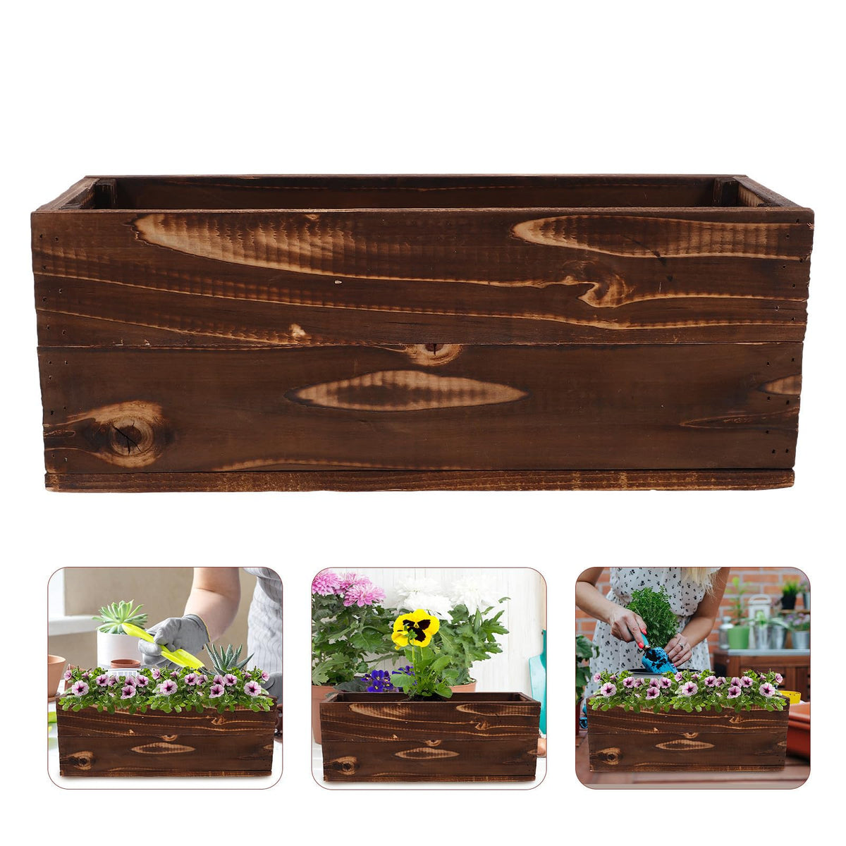 Rectangular Wooden Window Box Planter with Treated Finish for Garden