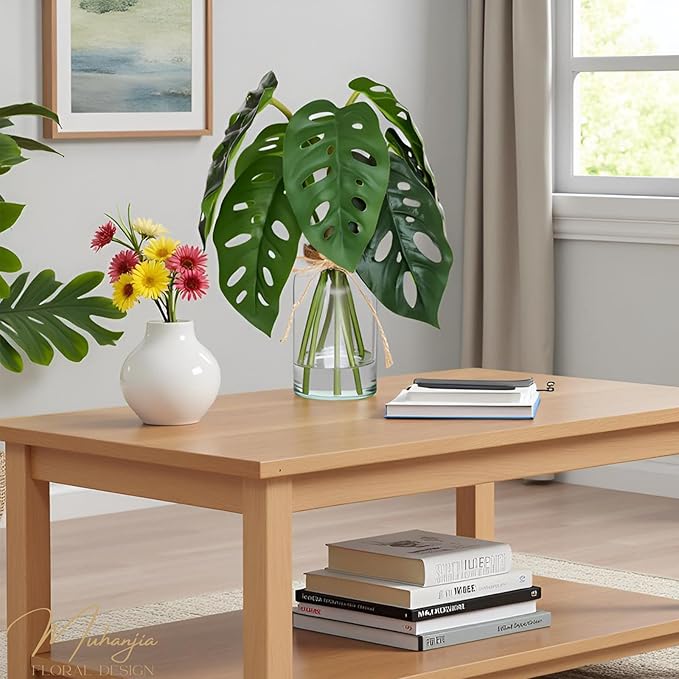 Muhanjia Artificial Flowers Turtle-Back, Alocasia Leaf, in Glass Vase with Faux Water,7Pcs Artificial Leaves Real Touch Latex Leaves for Centerpiece (2, Turtle-Back Leaf)