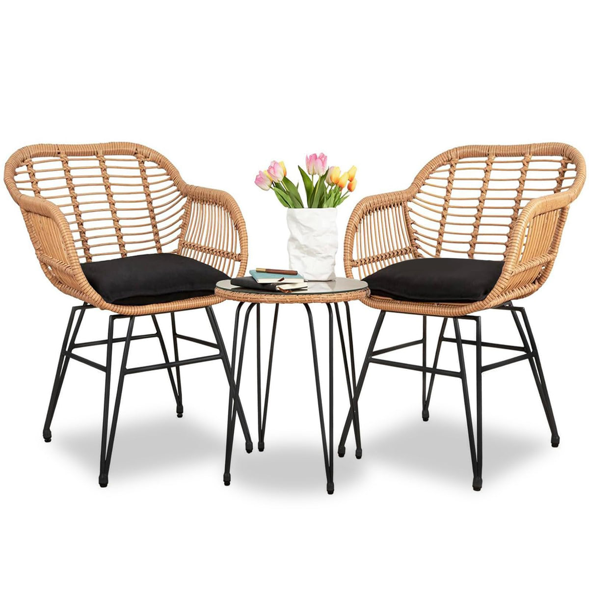 HOMEZILLIONS 3 Piece Outdoor Wicker Furniture Bistro Set, Rattan Chairs Conversation Sets Wicker Patio Furniture for Balcony Poolside Backyard, Black