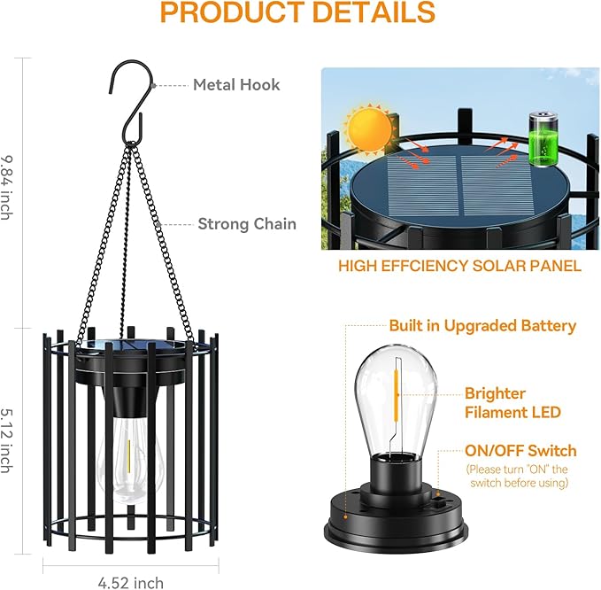 KOOPER Solar Lanterns Outdoor Waterproof, 14.56" Upgraded Bright Hanging Solar Lights Outdoor Lanterns Decorative, Auto ON/Off Metal Hanging Lantern Lights for Pathway Yard Patio Garden Decor 2 Pack