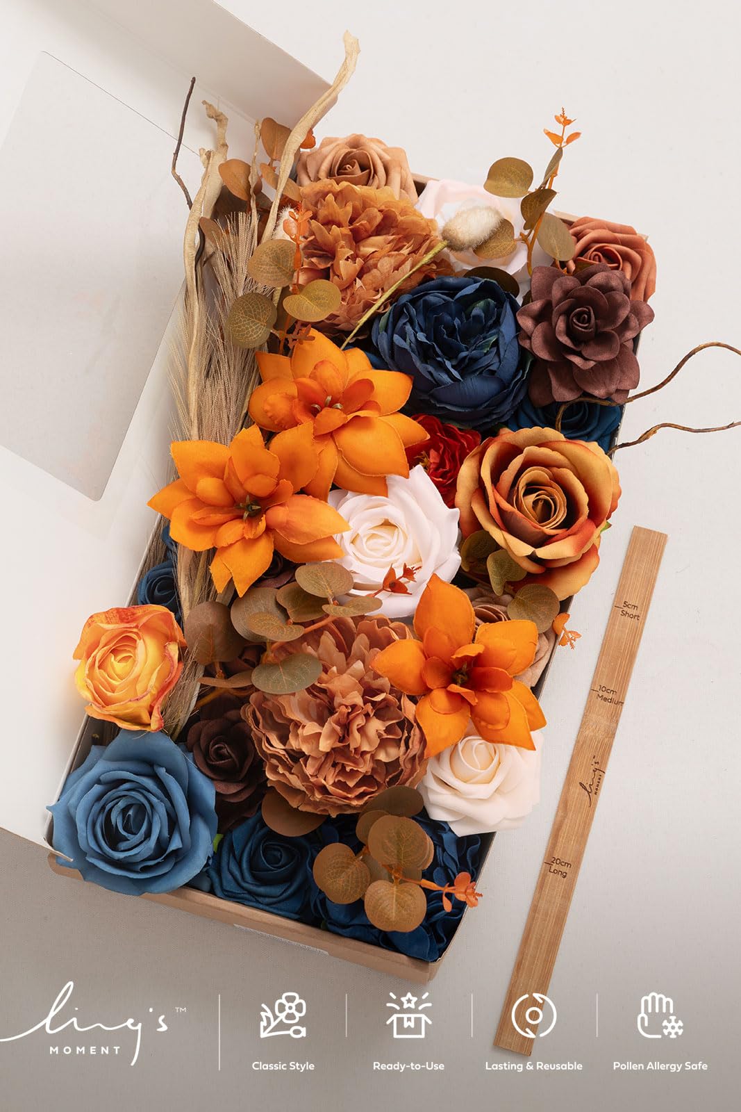 Ling's moment Fake Flowers Box, Faux Artificial Greenery Stems Foam Roses Gardenia Peony Silk Eucalyptus Pampas Fabic Flower for Centerpieces Bouquet Wedding Vase, Orange & Navy, Deluxe Combo