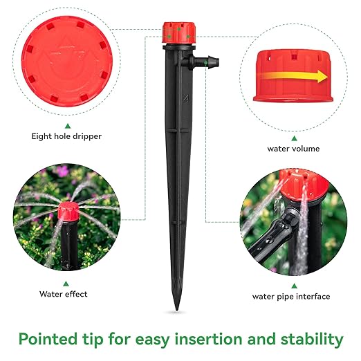 50pcs Drip Emitters for 1/4" Drip Irrigation Tubing, Adjustable 360 Degree Water Flow Drippers on 5" Arrow Stake, Garden Irrigation Drippers for (4-7mm) Watering System
