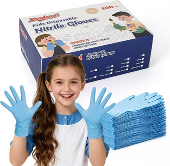Kids Nitrile Gloves for 6-10 Years, 5Mil Blue Disposable Gloves Latex-Free Powder-Free, Durable and Waterproof for Work, Cleaning, Cooking, Gardening, Painting (S,100PCS)