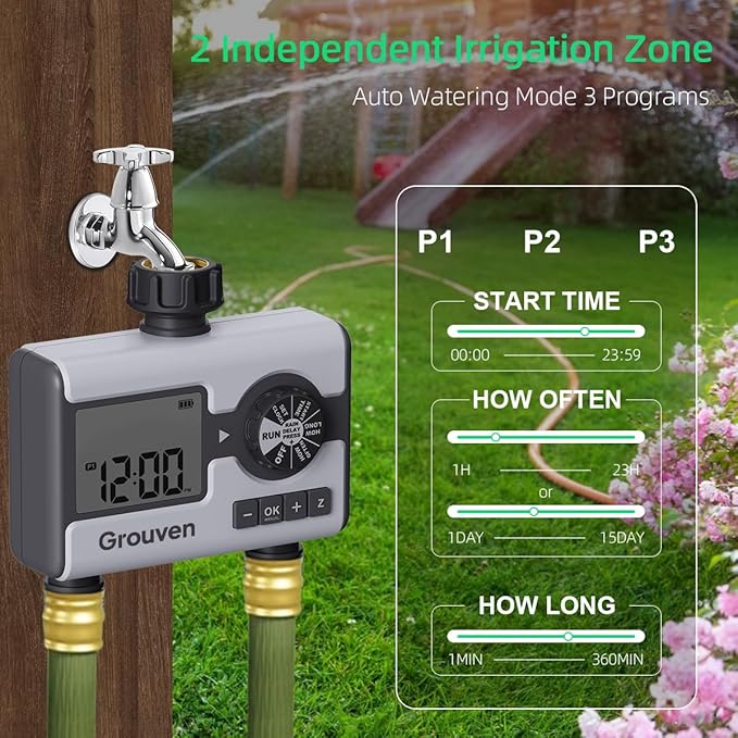2 Outlet Sprinker Timer with Brass Inlet, Programmable Hose Faucet Water Timer for Garden Hose, Rain Delay, Manual, Automatic Watering System for Garden, Yard