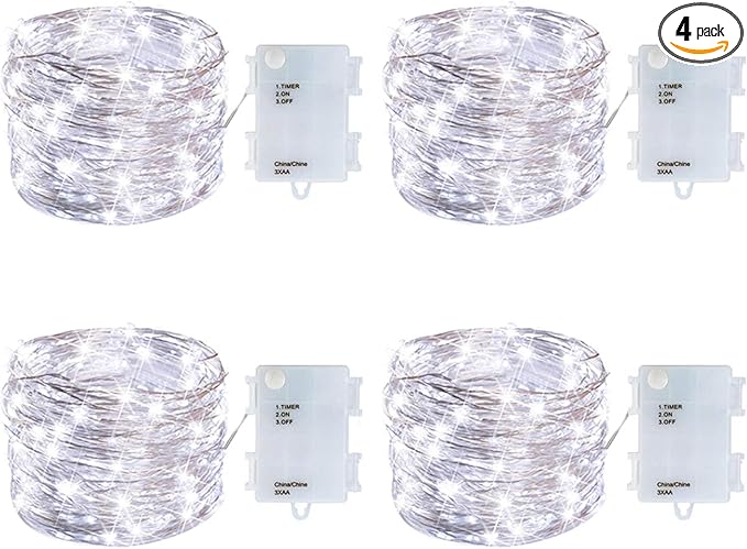 4 Pack Battery Operated Dewdrop Led Lights,Indoor Mini Fairy Lights with Timer Function,for Christmas and Halloween Lighting Decoration,6 Hours on/18 Hours Off,30 Count LEDs,10 Feet