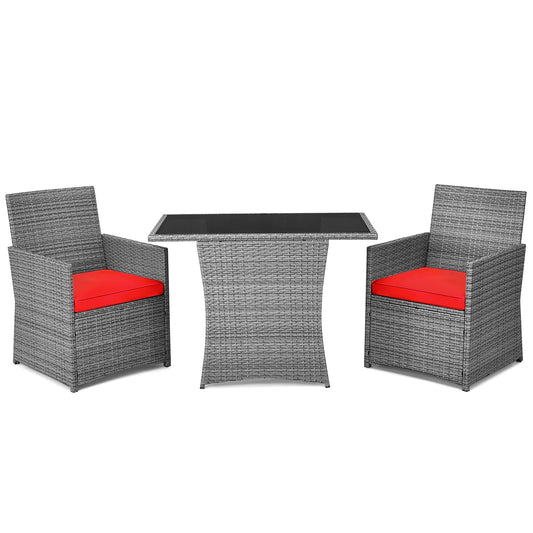 DORTALA Wicker Outdoor Bistro Set 3 Piece, Patio Furniture Set for Small Space with Table & Dining Chairs, Rattan Conversation Sofa Set for Balcony, Porch, Backyard, Deck, Red