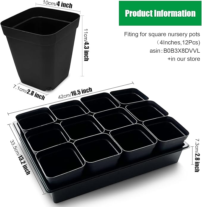 Seed Starter Tray, 5 Packs Plant Tray, Durable Plastic Growing Trays, Stackable Seedling Starter Trays Perfect for Indoor, Outdoor, Greenhouses, 16.5" L x 13.2" W x 2.8" H - Black