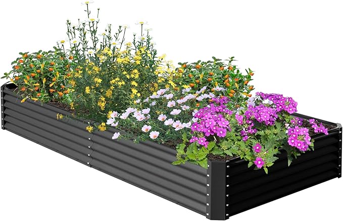 Domi 8x4x1.5ft Metal Raised Garden Beds Outdoor, Thickened Galvanized Steel Deep Root Planter Box with Stabilizing Bars & Rubber Edging for Vegetables, Flowers, Herbs - Dark Gray