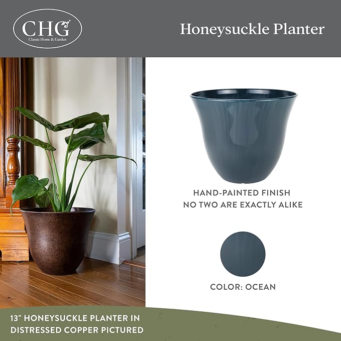 Classic Home and Garden Honeysuckle Resin Planters - Lightweight Indoor & Outdoor Plant Pots - UV-Resistant Plastic Flower Pots - Pot Planters for Flowers & Herbs (13" Ocean Blue)