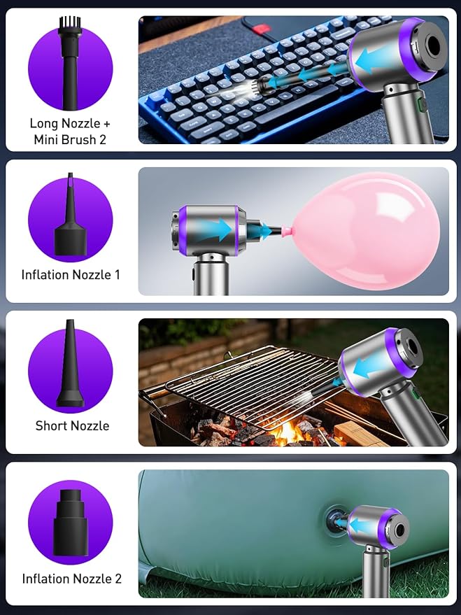 Vacuum/Air Duster 80,000RPM Super Power Mini Car Vacuum Cleaner 4-in-1 air Blower Gun Air Duster & Air Blower & Pump Hand Electric air Duster Handheld dust Blower Blower Cordless (Purple)