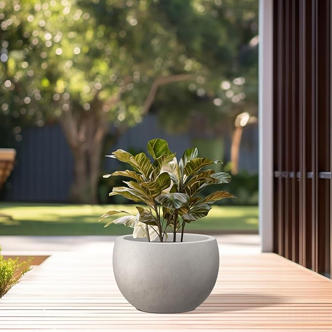 Kante 11.8" Dia Round Concrete Planter, Outdoor/Indoor Large Bowl Plant Pots with Drainage Hole and Rubber Plug for Garden Patio Balcony Home, Weathered Concrete