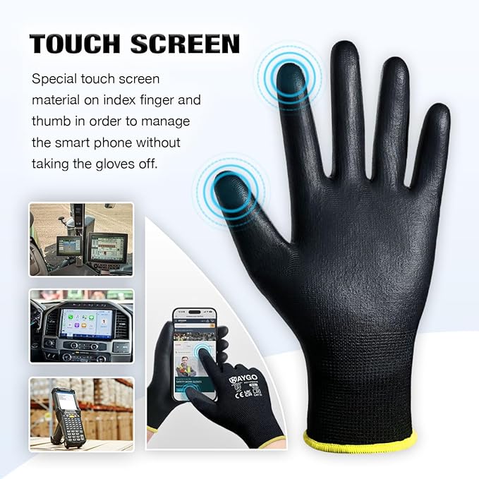 KAYGO Safety Work Gloves PU Coated for Men and Women, 12 Pairs KG11PB, Seamless Knit Glove with Two Fingers Touchscreen, breathable and lightweight Ideal for General Duty Work (XL,Black)