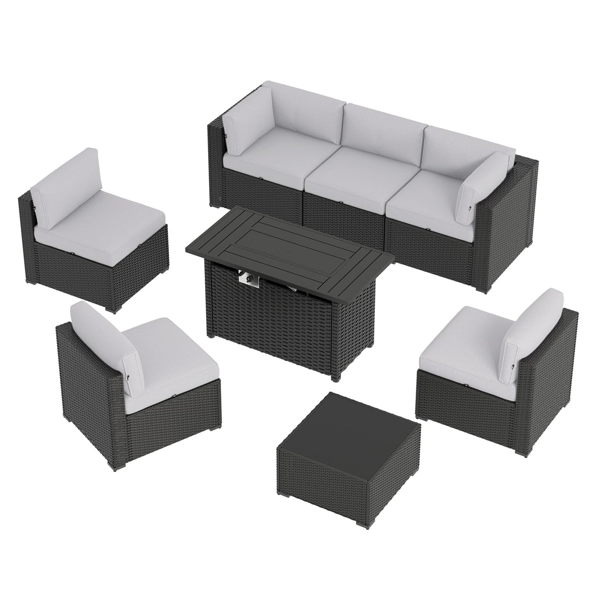 Aoxun 8 Piece Patio Furniture Set with 44” Fire Pit Table, Wicker Rattan Patio Sectional Sofa, Outdoor Furniture Set with Thickened Cushion, Light Gray