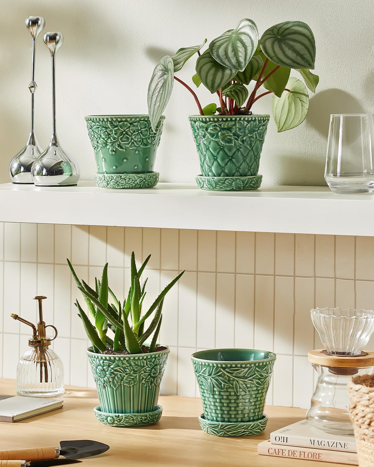 Metahom 4.9 Inch Ceramic Pots for Plants, Flower Pots Set of 4, Green Color