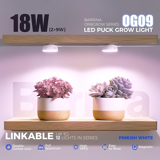 Barrina Orbgrow OG09 Puck LED Grow Light, Pinkish White 18W(2 x 9W, 270 Watt Equiv), Plant Lights for Indoor Plants Full Spectrum, Magnetic & Linkable, Small Grow lamp for Plant Shelf, 2 Packs