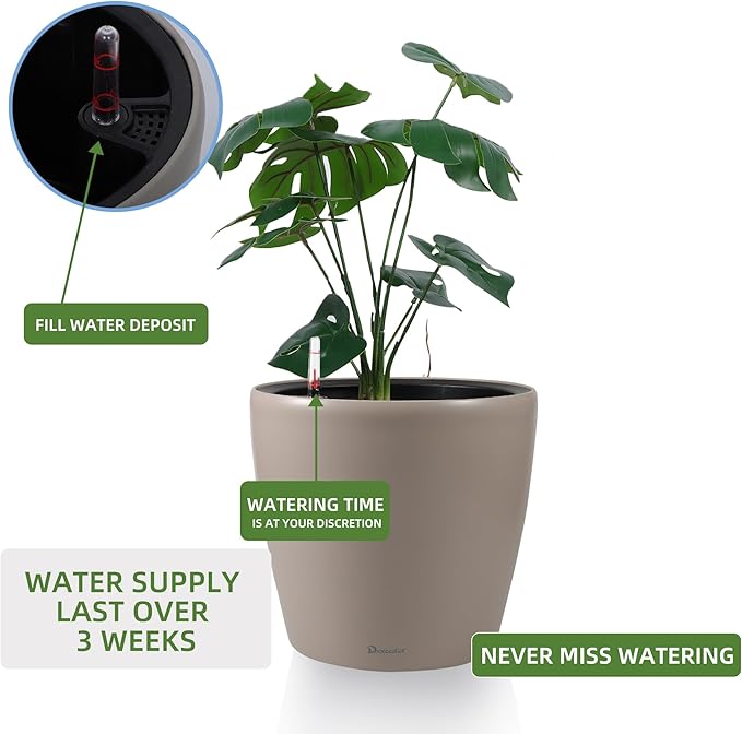 Dexceder 9x8 Inches Self Watering Planter Indoor Outdoor, Inner Pot Design, Thickened Table Flower Plant Pot with Water Level Indicator (Taupe Matte)