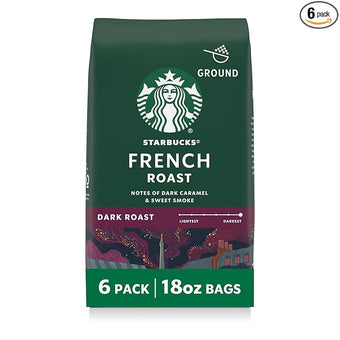 Starbucks Ground Coffee, Dark Roast Hot or Iced Coffee, French Roast, Six 18 oz Bags