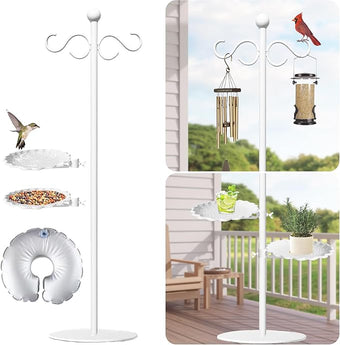 Upgraded 74" Shepherd's Hook for Bird Feeder，White Floor Hanging Plant，White Wind Chime Stand, Waterproof Metal & Adjustable-Height Standing Pole Holder for Wreath, Indoor & Outdoor（2 Placement Racks)
