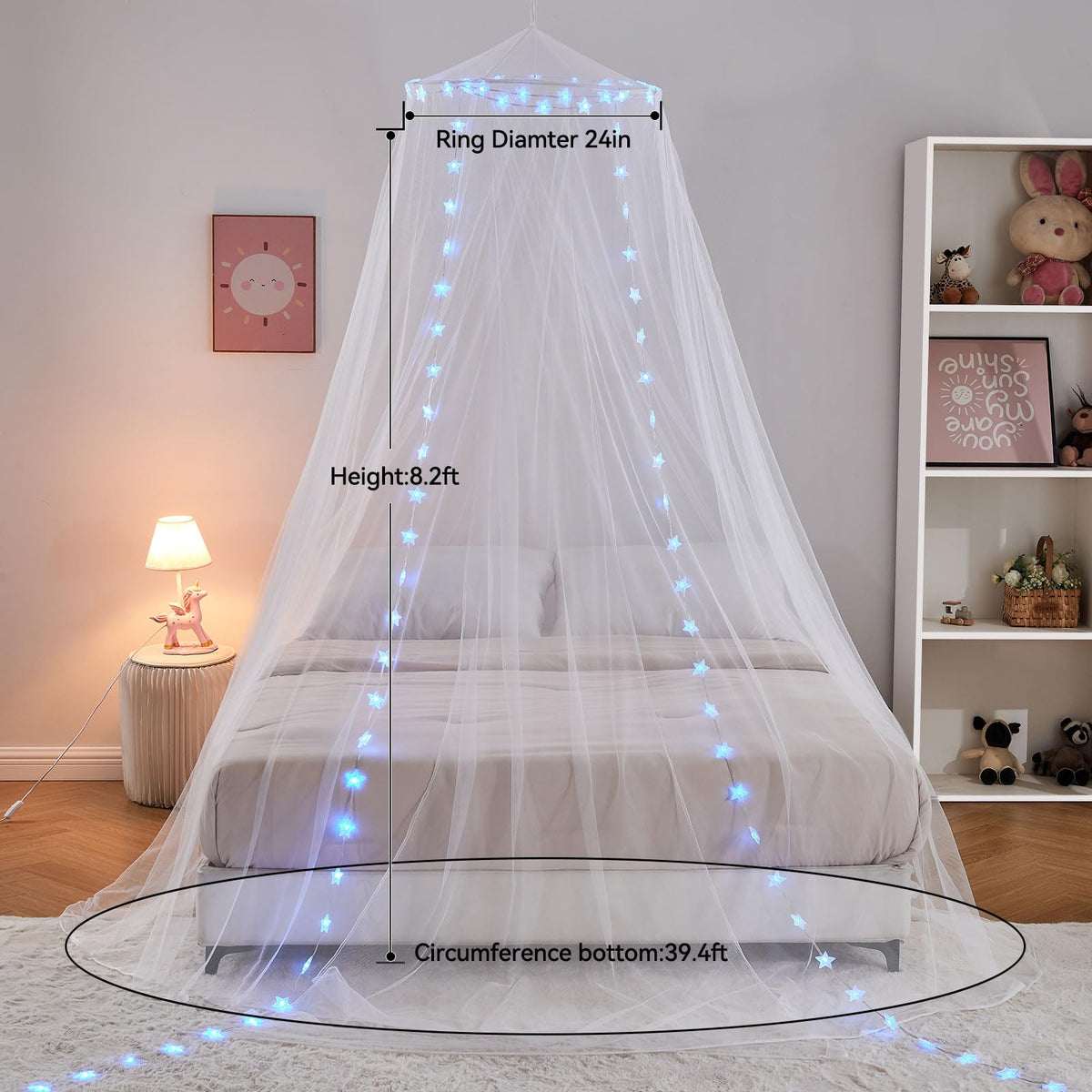 Obrecis Bed Canopy with LED Star Lights, Princess Canopy Bed Curtain