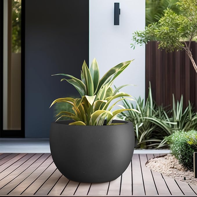 Kante 15.7" Dia Round Concrete Planter, Outdoor/Indoor Large Bowl Plant Pots with Drainage Hole and Rubber Plug for Garden Patio Balcony Home, Black