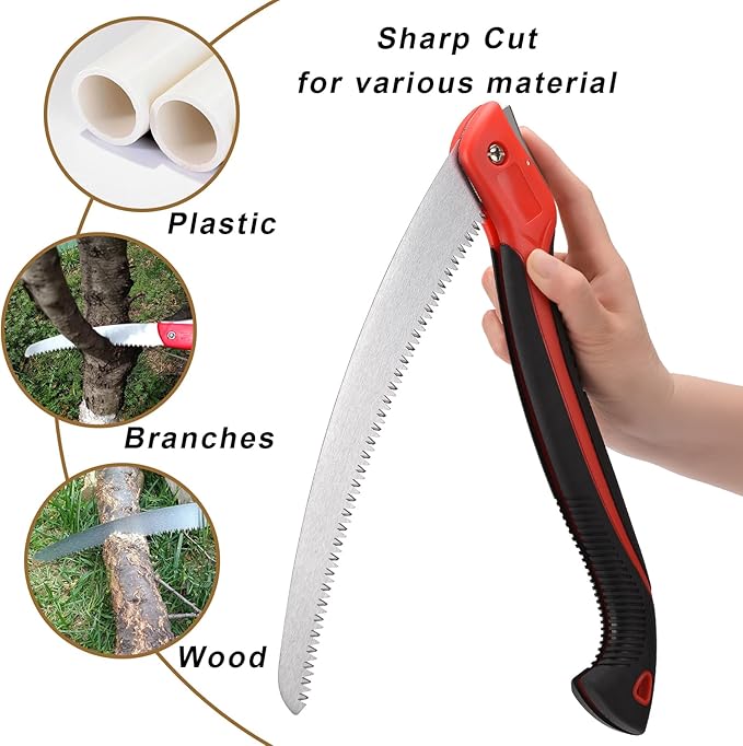 12 Inch Heavy Duty Pruning Saw, Folding Hand Saw with SK5 Curved Blade, Triple-cut Razor Teeth Used for Trees Wood Cutting Camping Gardening Work, Hiking, Landscaping, Tree Trimming
