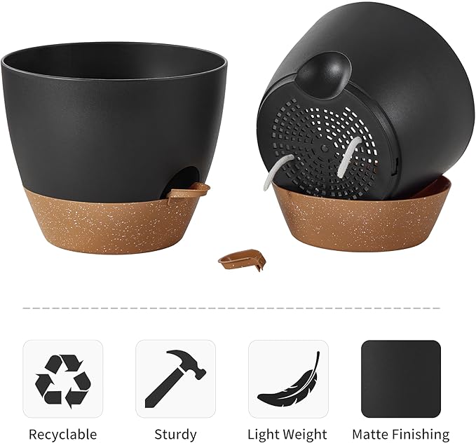 FaithLand 3-Pack Planter Pots, 10 9 8 Inch Self Watering Flower Pots for Indoor Outdoor Garden Plants, Black with Brown