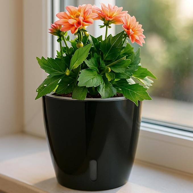 KvyusFlourish Self Watering Pots for Indoor Plants, 6-Pack 5'' Self Watering Planter with Drainage Holes, Small African Violet Pots with Water Indicator, Clear Wick Orchid Pot, Black