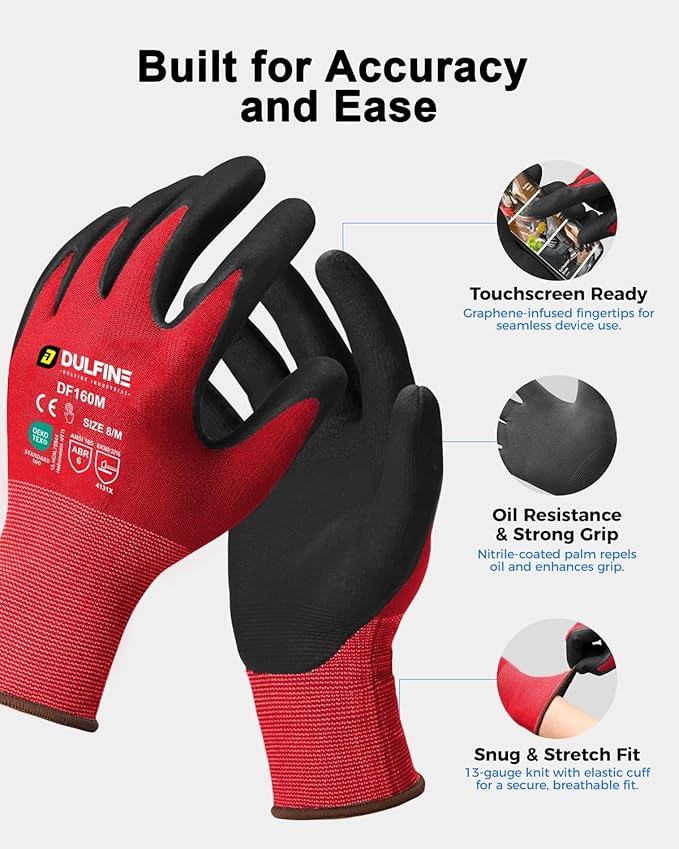 Safety Work Gloves MicroFoam Nitrile Coated-12 Pairs Pack,Red Seamless Knit Nylon Glove with Black Micro-Foam Nitrile Grip,Ideal for General Purpose,Automotive,Home Improvement,Painting(Large)