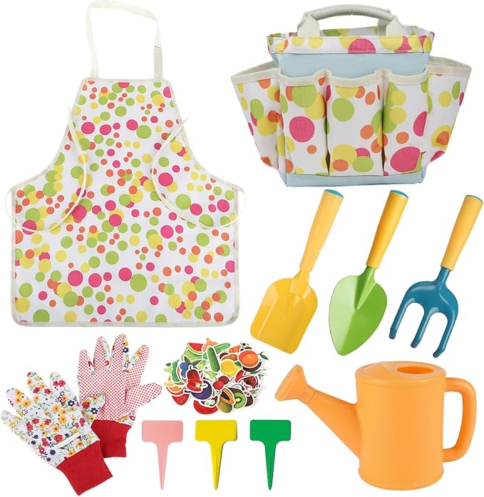 GIFTRRTOY Kids Gardening Set, Kids Gardening Tools with Watering Can, Shovel, Rake, Gloves, Waterproof Apron and Storage Bag, Children Garden Tool for Boys Girls Age 3 4 5 6 7 8