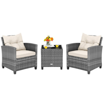 Tangkula 3 Pieces Patio Furniture Set, PE Rattan Wicker 3 Pcs Outdoor Sofa Set w/Washable Cushion and Tempered Glass Tabletop, Conversation Furniture for Garden Poolside Balcony (Mix Grey-White)