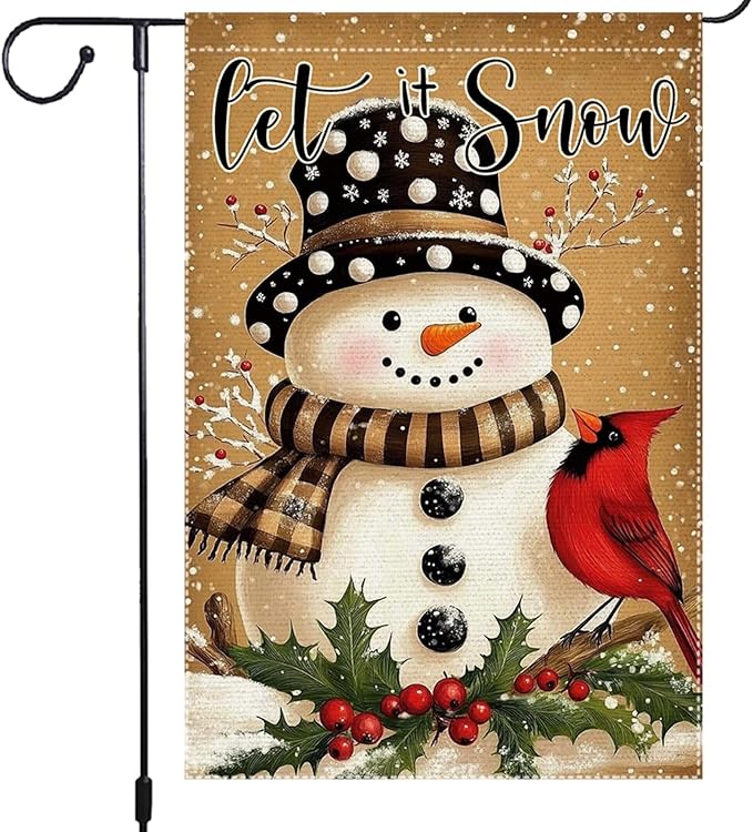 Let It Snow Snowman Garden Flag Double Sided 12x18 Inch Burlap Winter Outdoor Yard Decoration with Cardinal Bird and Holly Christmas Holiday Decor