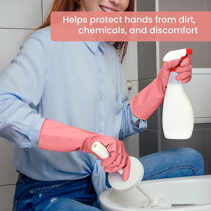 Rubber Cleaning Gloves for Dishwashing, 4 Pairs Reusable Kitchen Gloves for Washing Dishes and Household Cleaning, Pink Dish Gloves with Flocked Lining and Non-Slip Grip, Pefect for Woman Men - S