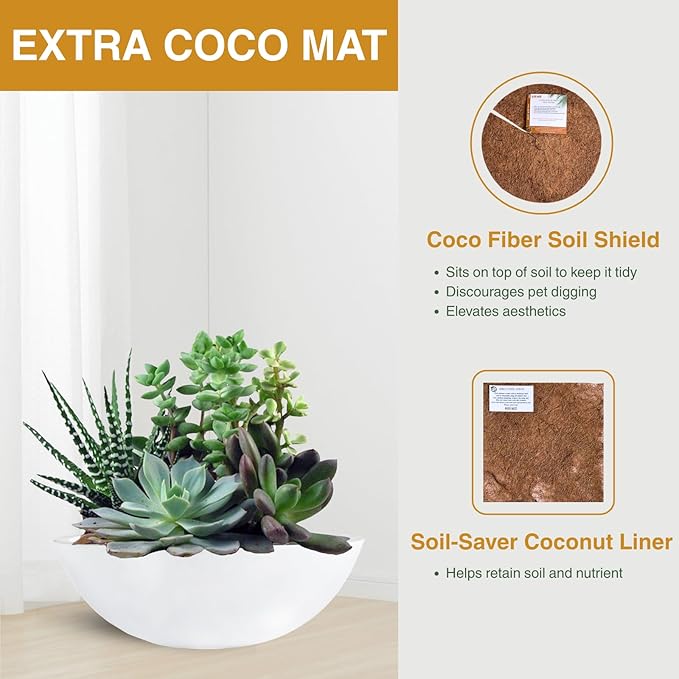 KUTE NEST 7.7" H x 22" D Round Bowl Fiberstone Planter for Succulent and Lotus with Drainage Hole, Smooth Finishes, Weather Resistant, Included 2 Extra Coco Mats (White, 19.9" Pot Opening)