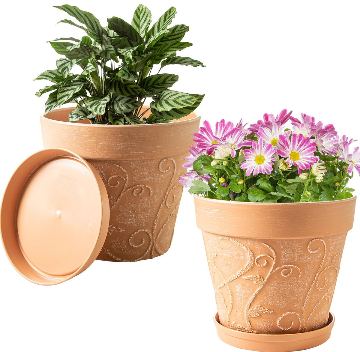 Melphoe Plant Pots Indoor with Drainage & Saucer, 2Pack 10 inch Flower Pots Outdoor Planters for Indoor Plants Garden Home Decor Cactus Succulent, Rigid Plastic (Imitation-Terracotta) Vine-Embossed