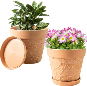 Melphoe Plant Pots Indoor with Drainage & Saucer, 2Pack 10 inch Flower Pots Outdoor Planters for Indoor Plants Garden Home Decor Cactus Succulent, Rigid Plastic (Imitation-Terracotta) Vine-Embossed