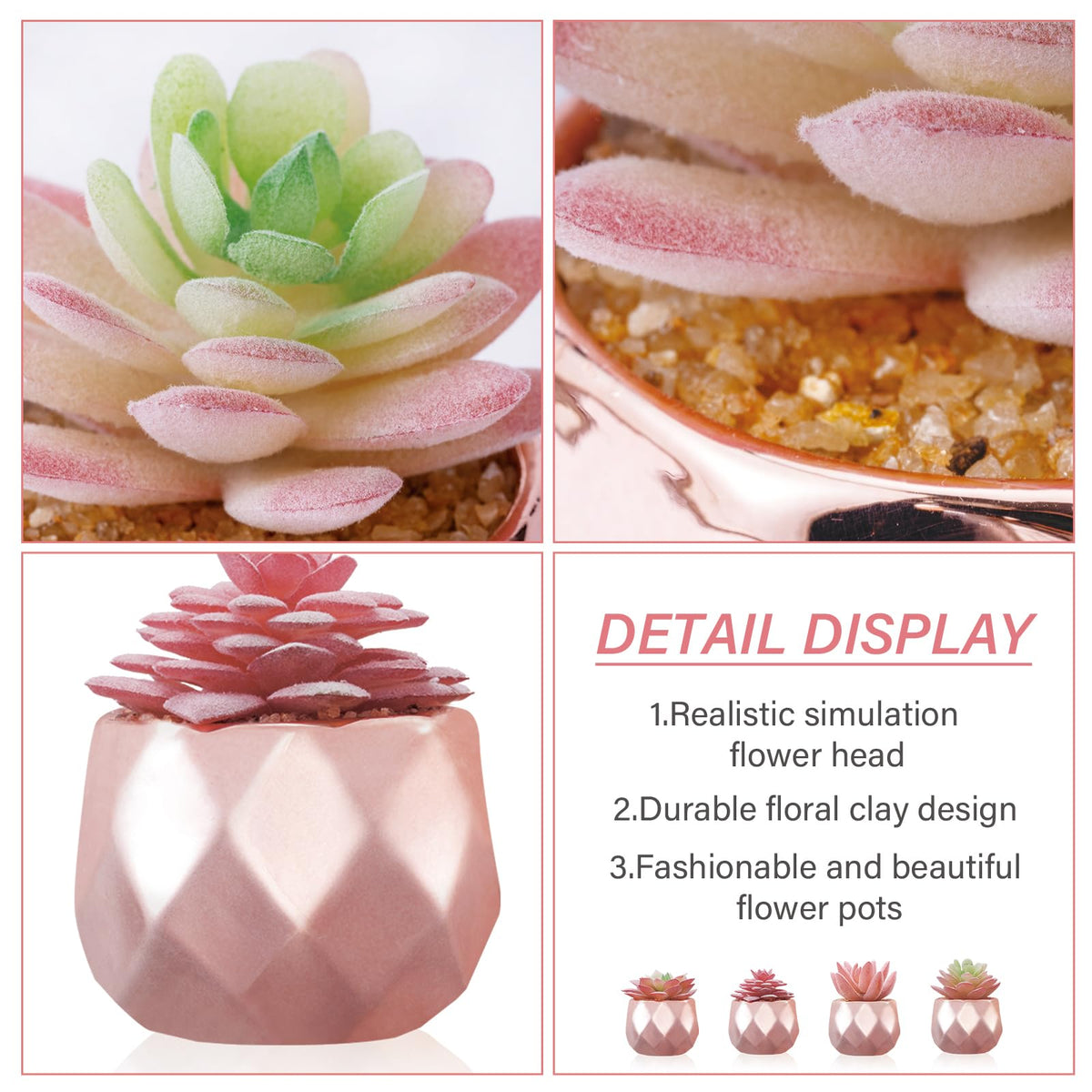 Tiita Mini Rose Gold Artificial Succulents in Pots, 4 Pack for Desk Decor