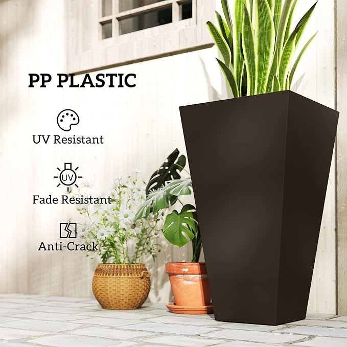 Outsunny Tall Planters for Outdoor Plants Set of 3, 28 in Taper Planters with Drainage Holes, Indoor Grande Plant Pots, Front Porch Decor, Brown