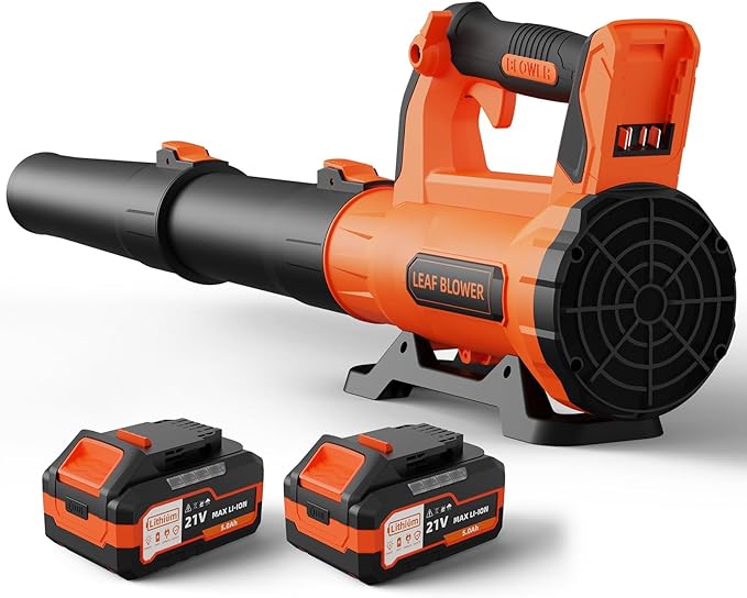 Leaf Blower Cordless with 2× 5.0Ah Batteries and Charger, 21V Electric, Lightweight Battery Powered Blowers for Lawn Care, Yard, Patio Cleaning, Blowing Leaves & Dust, Organe