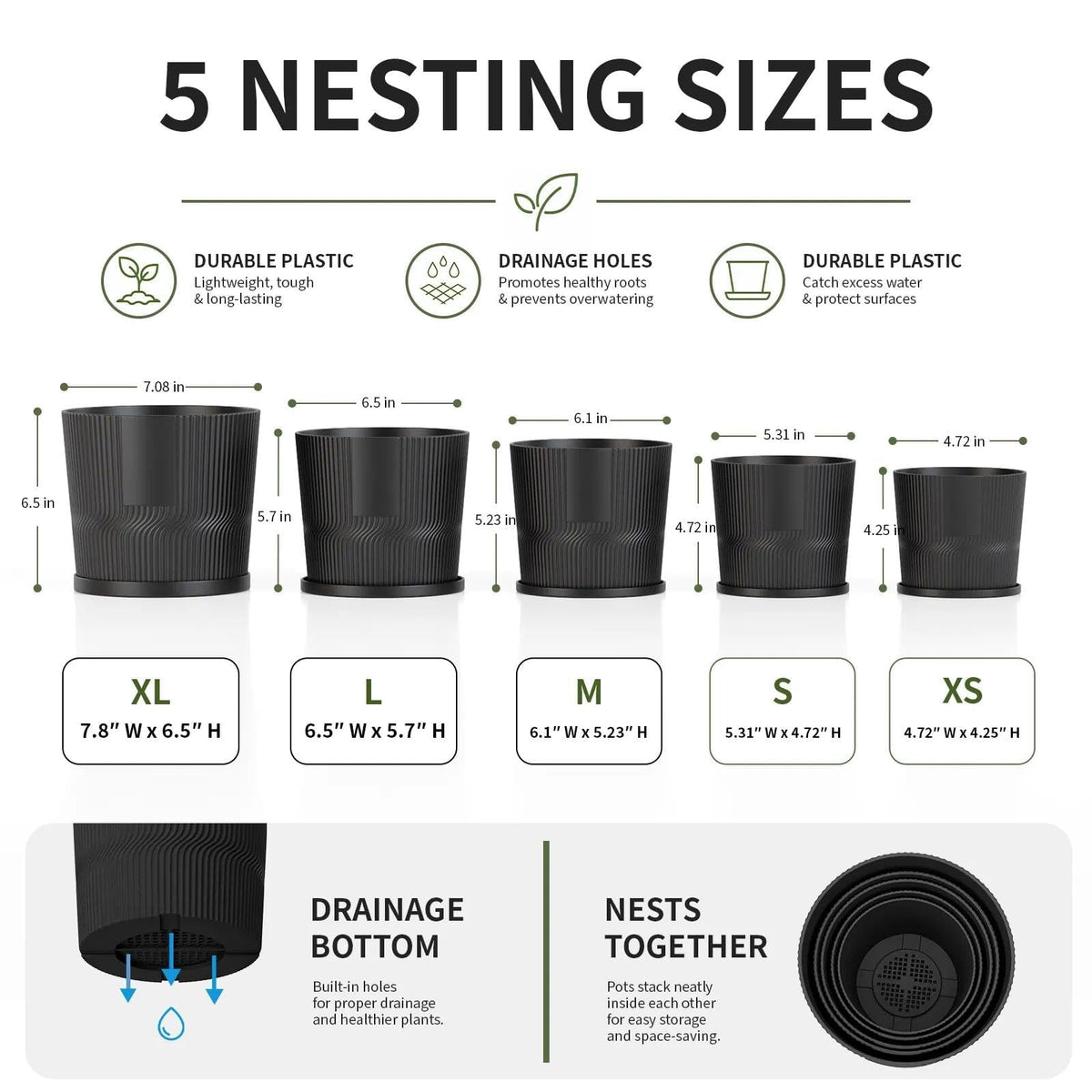 5 Plant Pots Indoor,4.8+5.5+6+6.5+7 In Flower Pots with Saucers & Drainage