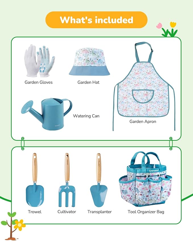 Grenebo Kids Gardening Set Toys, Quality Garden Tool Kit for Kids and Toddlers, Includes Two Shovels, Garden hat,Rake, Apron,Gloves, Watering Can, and Tool Bag (Blue)