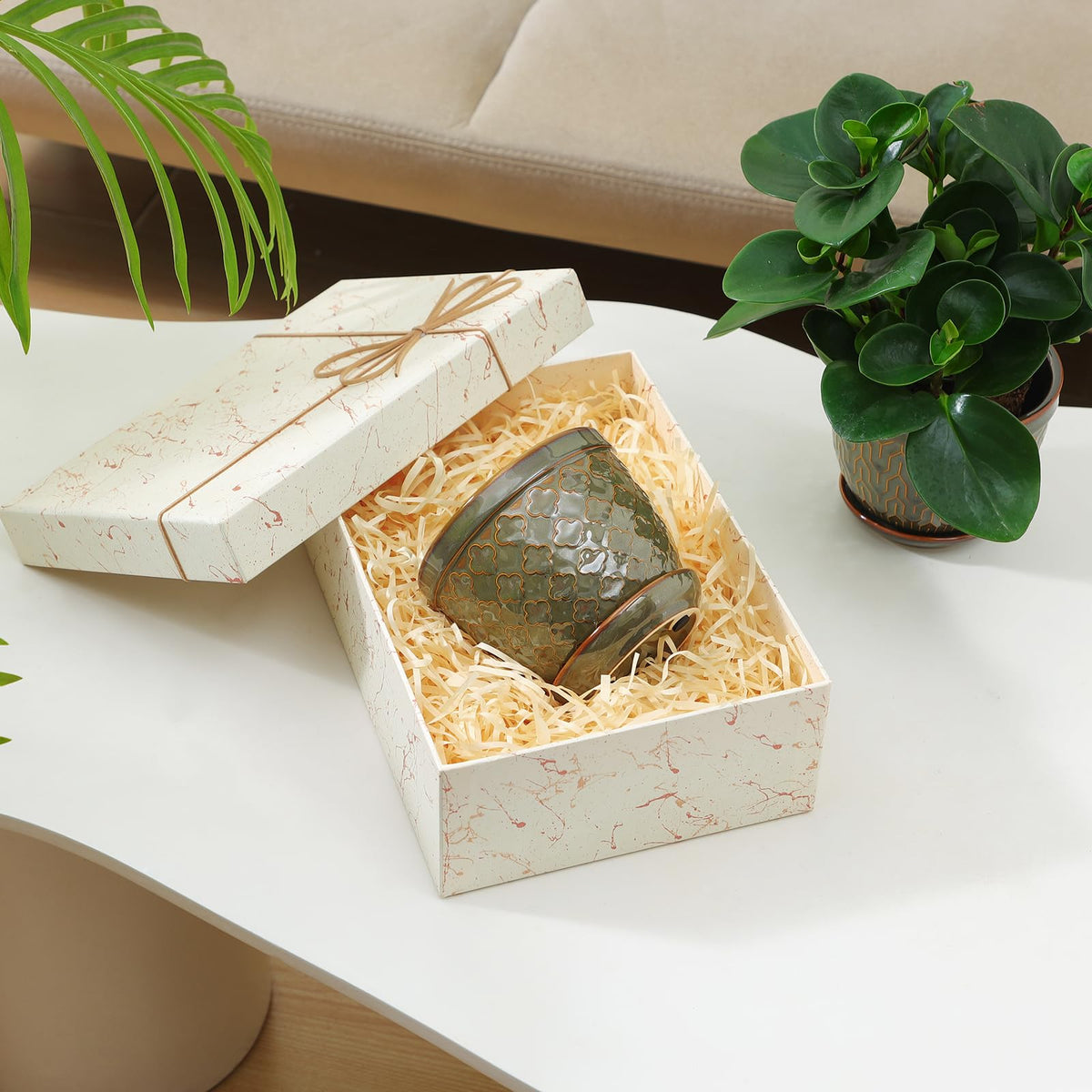 Sureasy Ceramic Plant Pots, 4.7 Inch Flower Pots for Indoor Plants, Succulent Pots with Saucer and Drainage Hole, Decorative Planter for Succulent, Cactus, Set of 4, Green